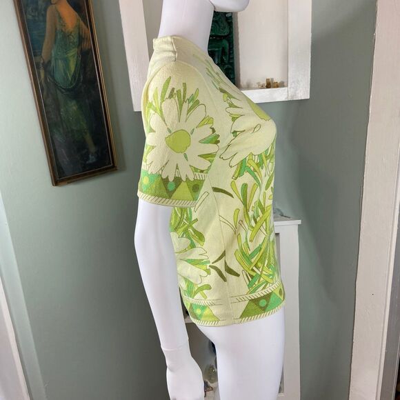 Vintage 60s/70s Floral Green Blouse Top Shirt M/L Polyester Mod Flower Power - Picture 7 of 12